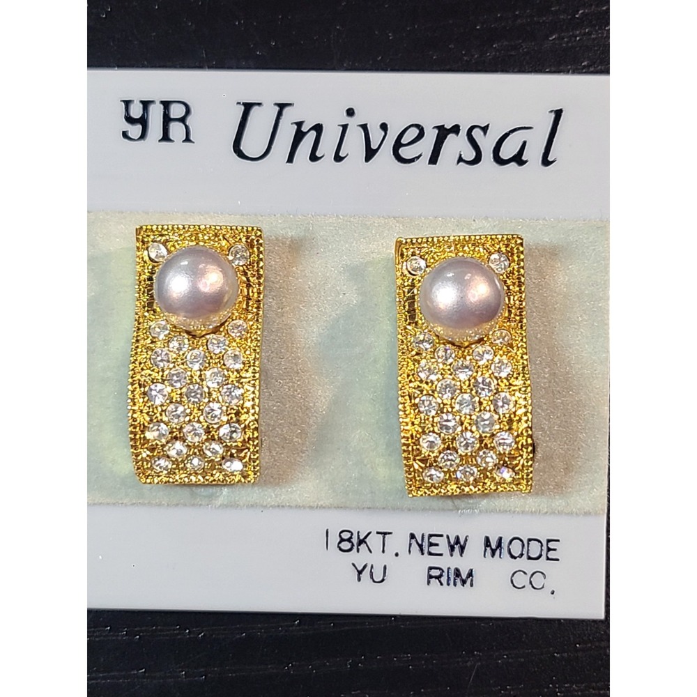 Vintage YR Universal 18K GP Clip-On Earrings Pearl Rhinestone Yu Rim Co